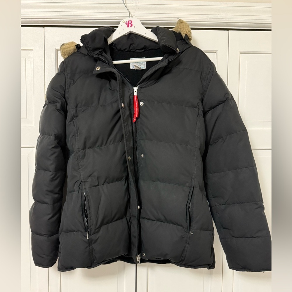 Vintage Old Navy Black Puffer Jacket Faux Fur Hood Zip Button Ski Winter Large